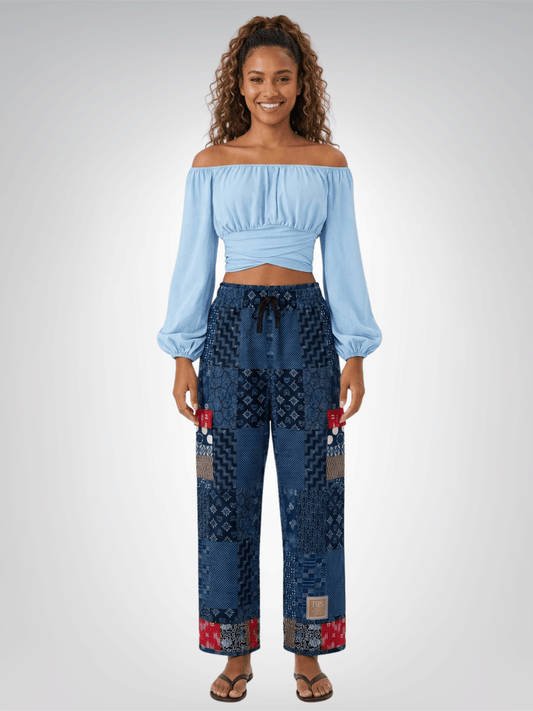 Indigo Edo Kabuki Warrior Patchwork Cargo Pants
