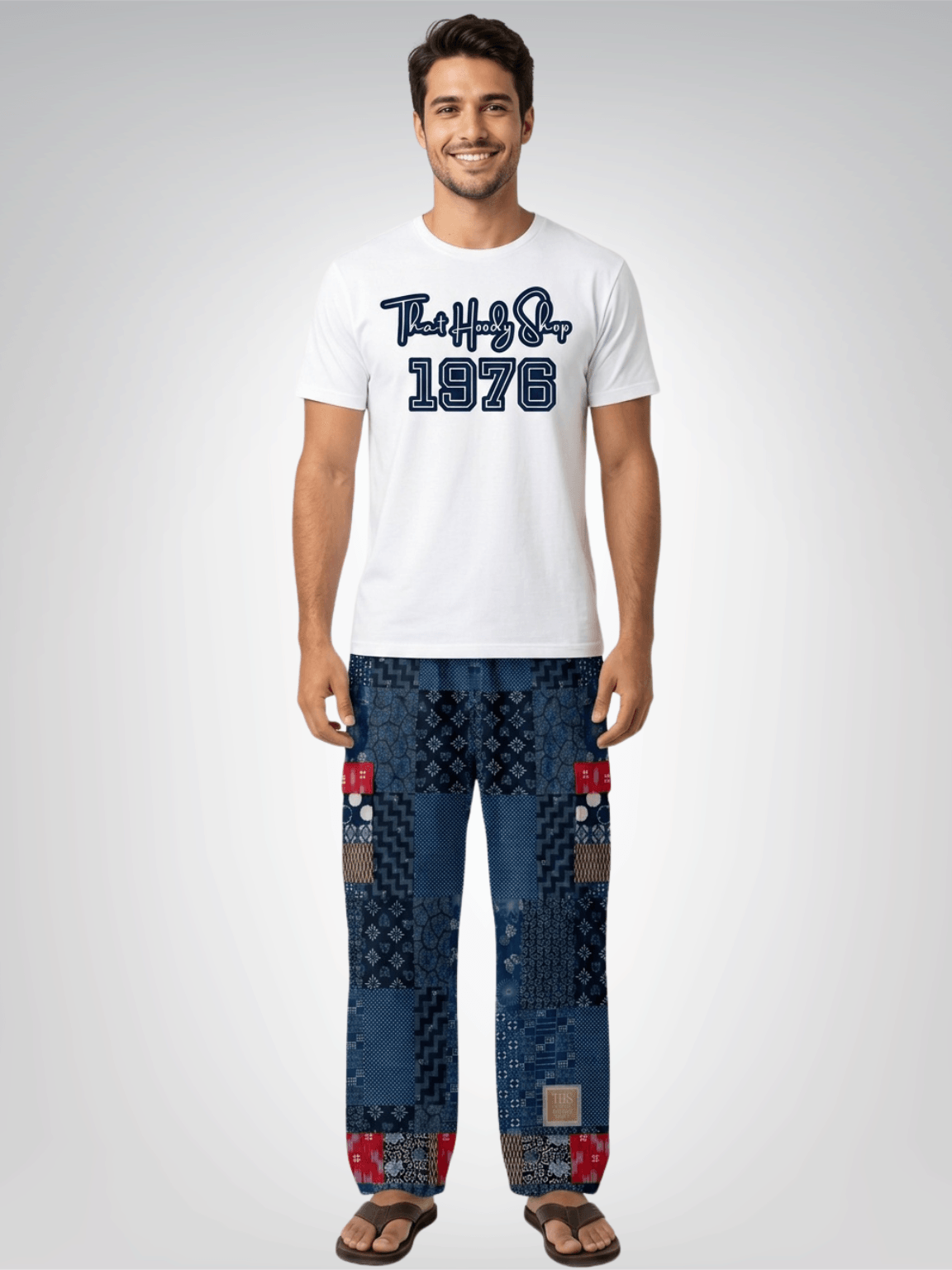 Indigo Edo Kabuki Warrior Patchwork Cargo Pants