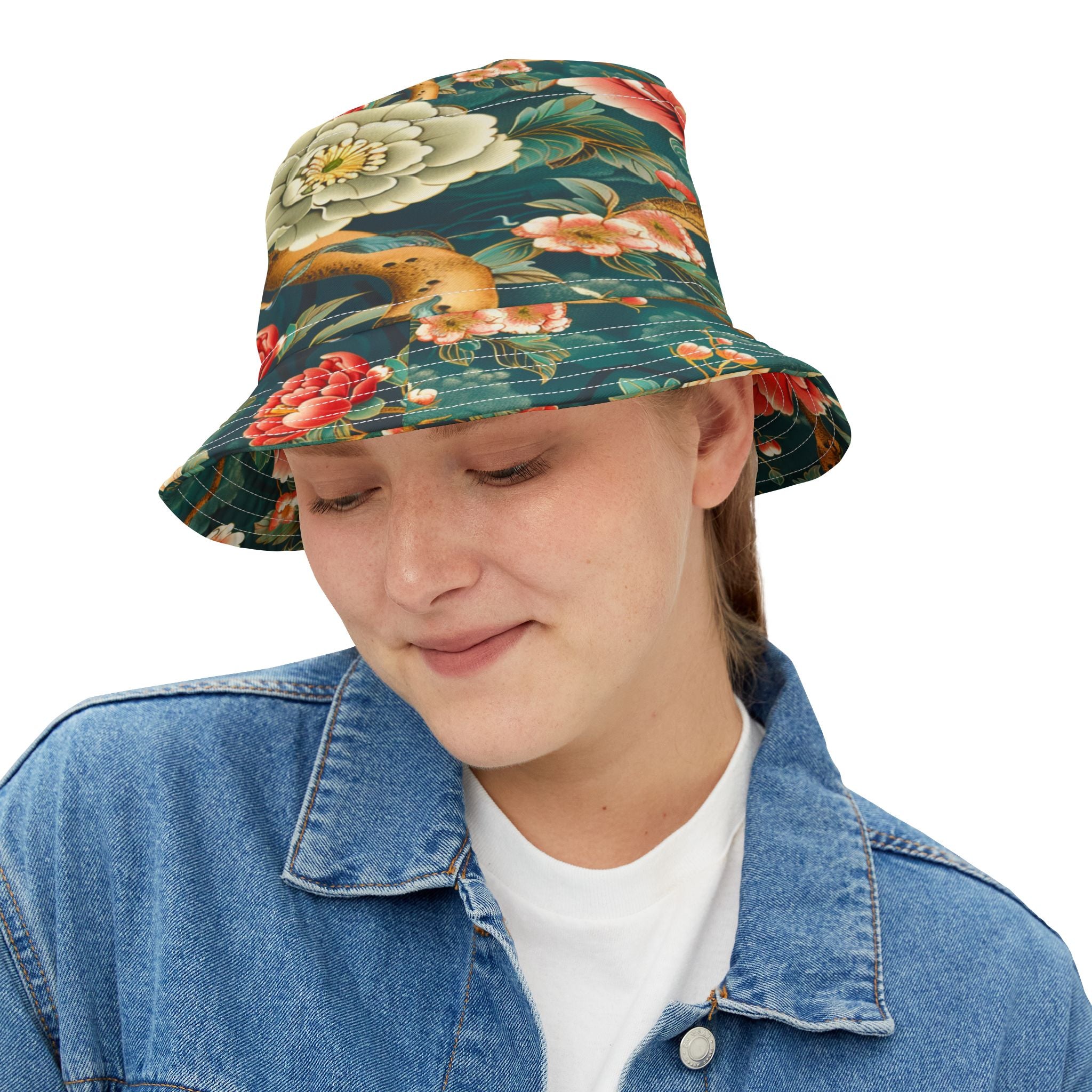 Japanese Garden in Green Vibrant Floral Print Bucket Hat