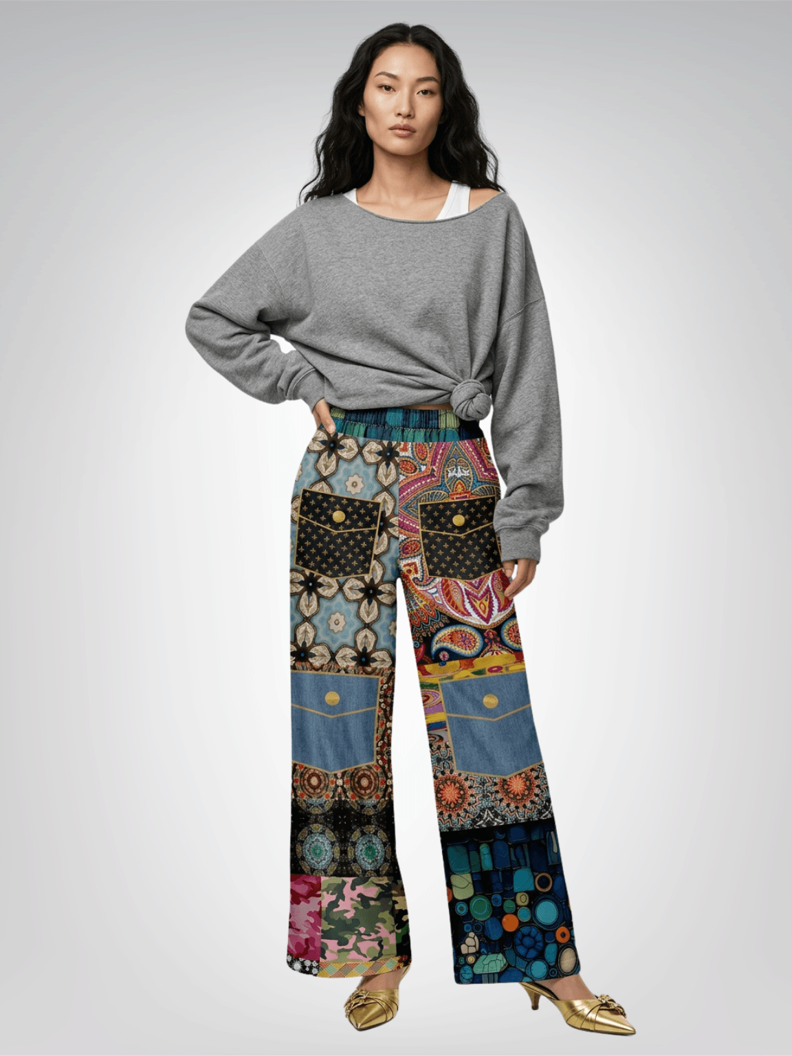 Koi Among the Stones in Painted Pond and Patches Eco-Poly Wide Leg Pants