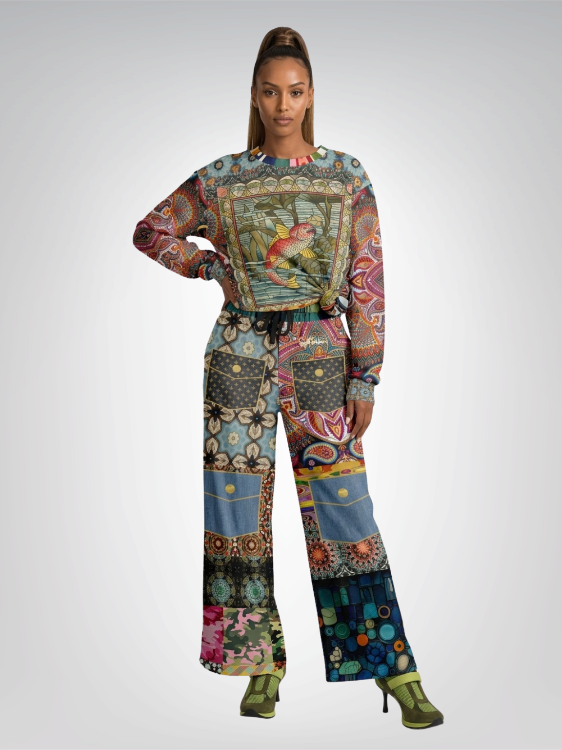 Koi Among the Stones in Painted Pond and Patches Eco-Poly Wide Leg Pants