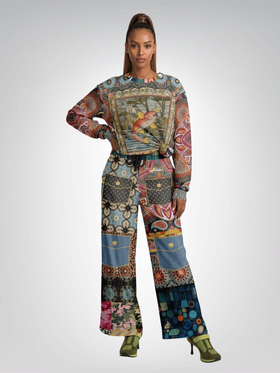 Koi Among the Stones in Painted Pond and Patches Eco-Poly Wide Leg Pants