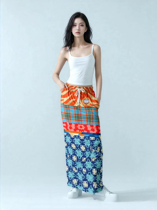 Lady in Blue and Orange Patchwork Eco-Poly Long Pocket Skirt