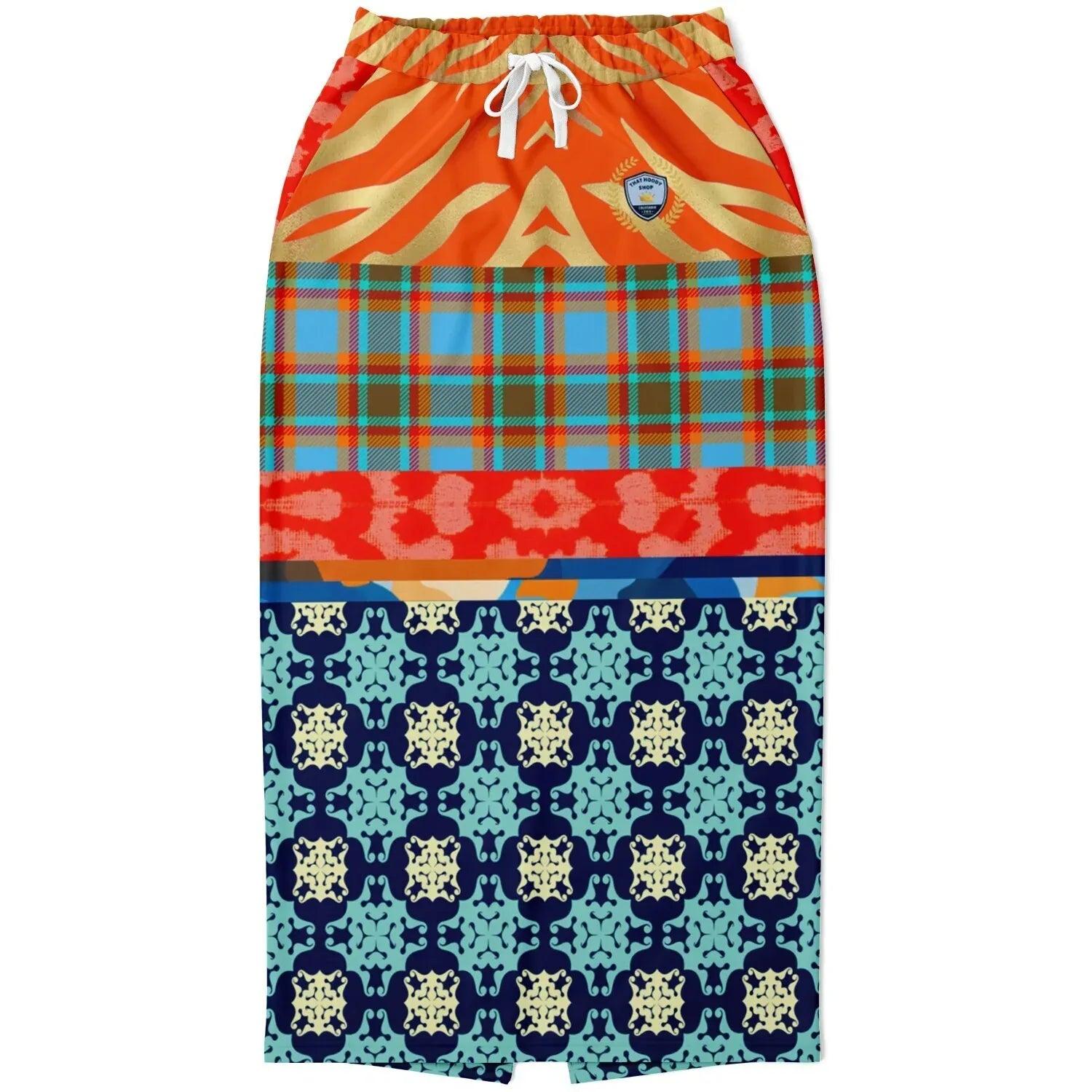 Lady in Blue and Orange Patchwork Eco-Poly Long Pocket Skirt