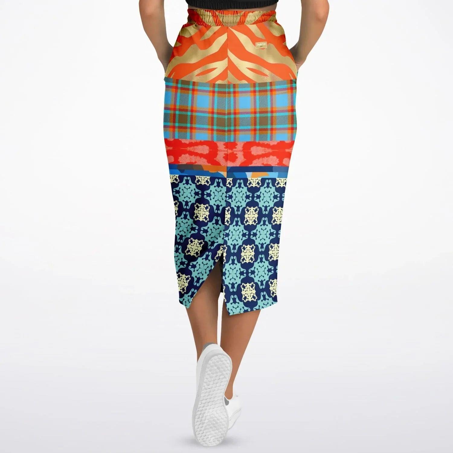Lady in Blue and Orange Patchwork Eco-Poly Long Pocket Skirt