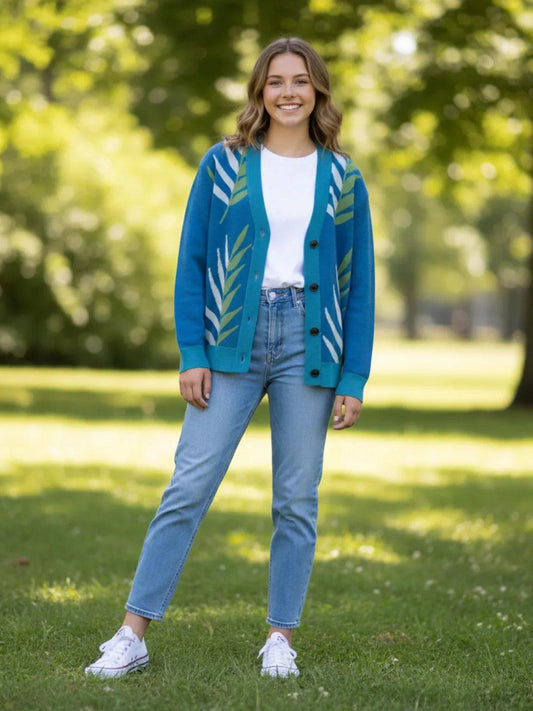 Leaves in the Palm in Blue Knitted Cardigan