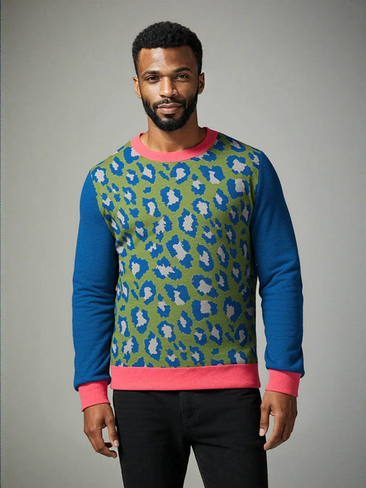 Leopard in Blue and Green Spotted Jubilee Knitted Crewneck Sweater