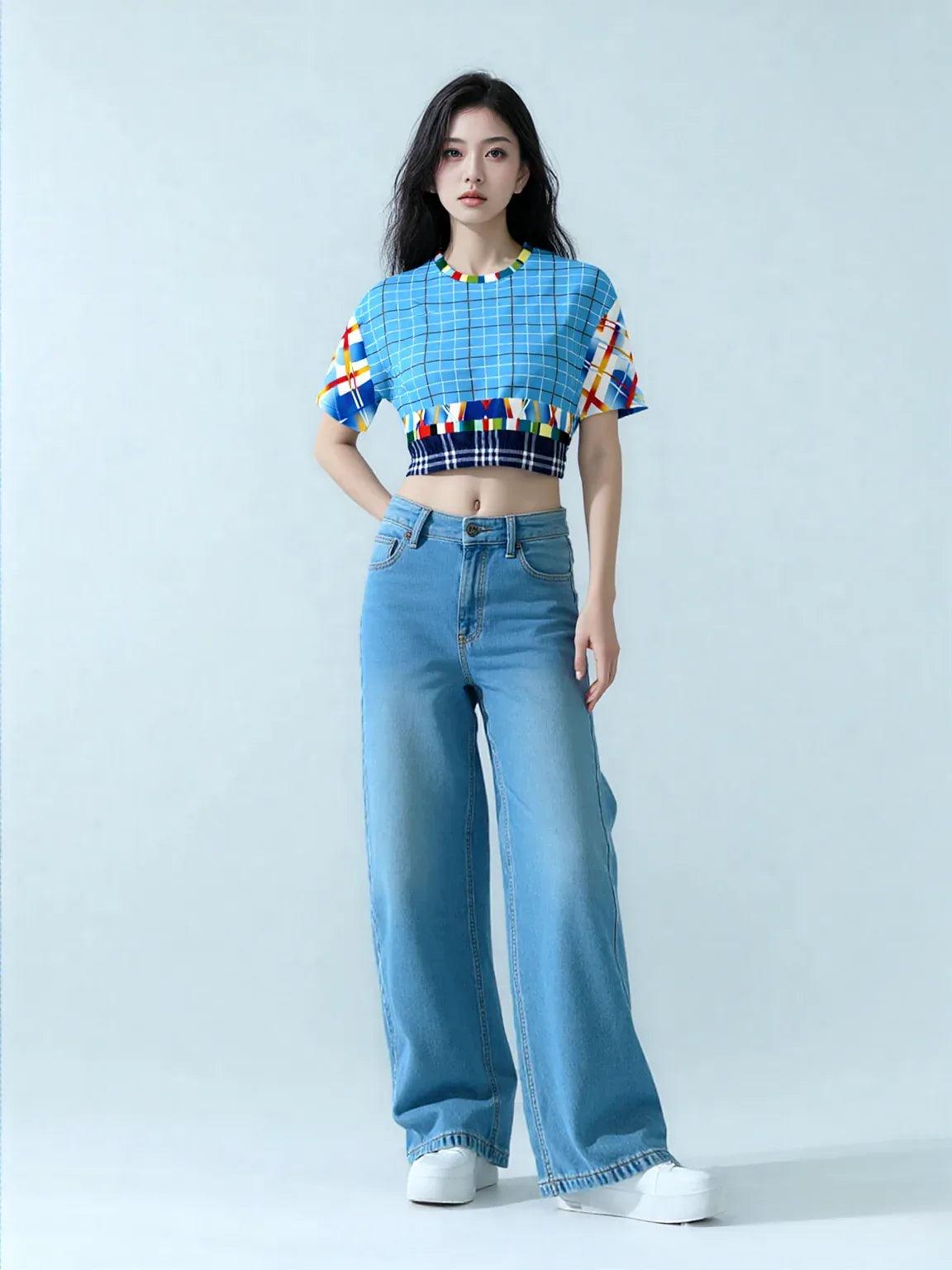 Liberty Blue Windowpane Plaid Eco-Poly Short Sleeve Cropped Sweater