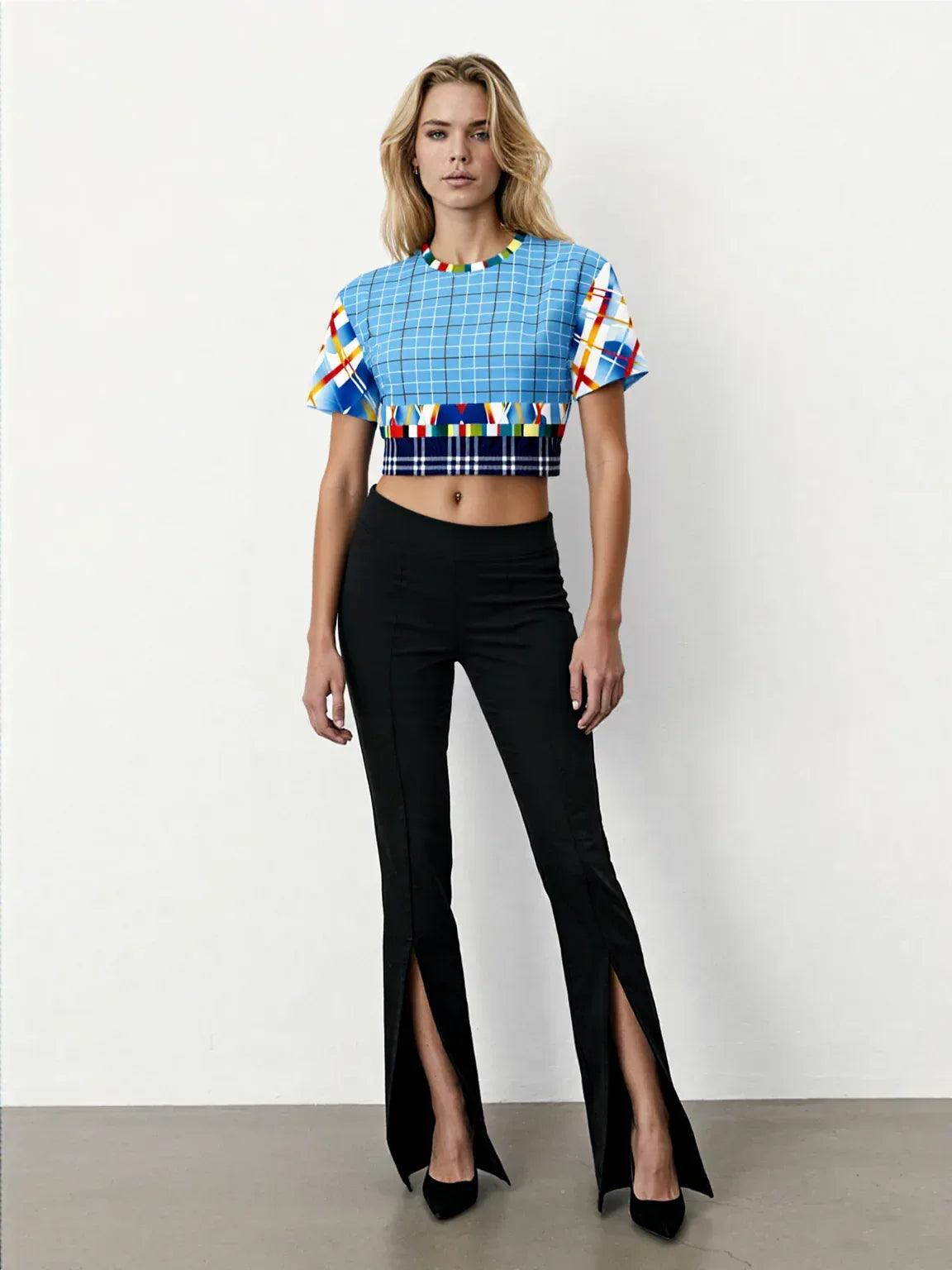 Liberty Blue Windowpane Plaid Eco-Poly Short Sleeve Cropped Sweater