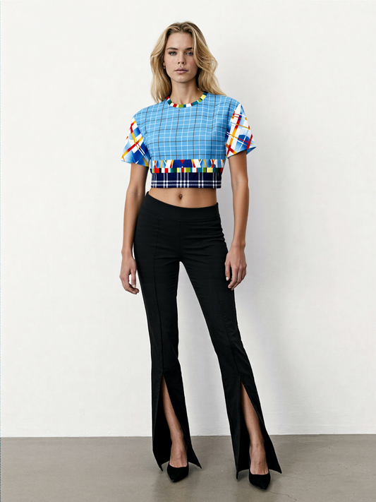 Liberty Blue Windowpane Plaid Eco-Poly Short Sleeve Cropped Sweater