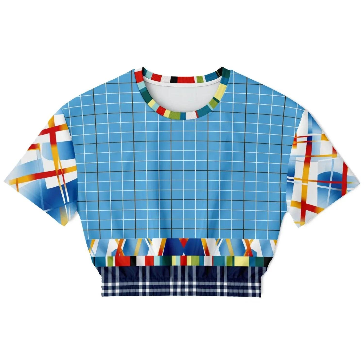 Liberty Blue Windowpane Plaid Eco-Poly Short Sleeve Cropped Sweater