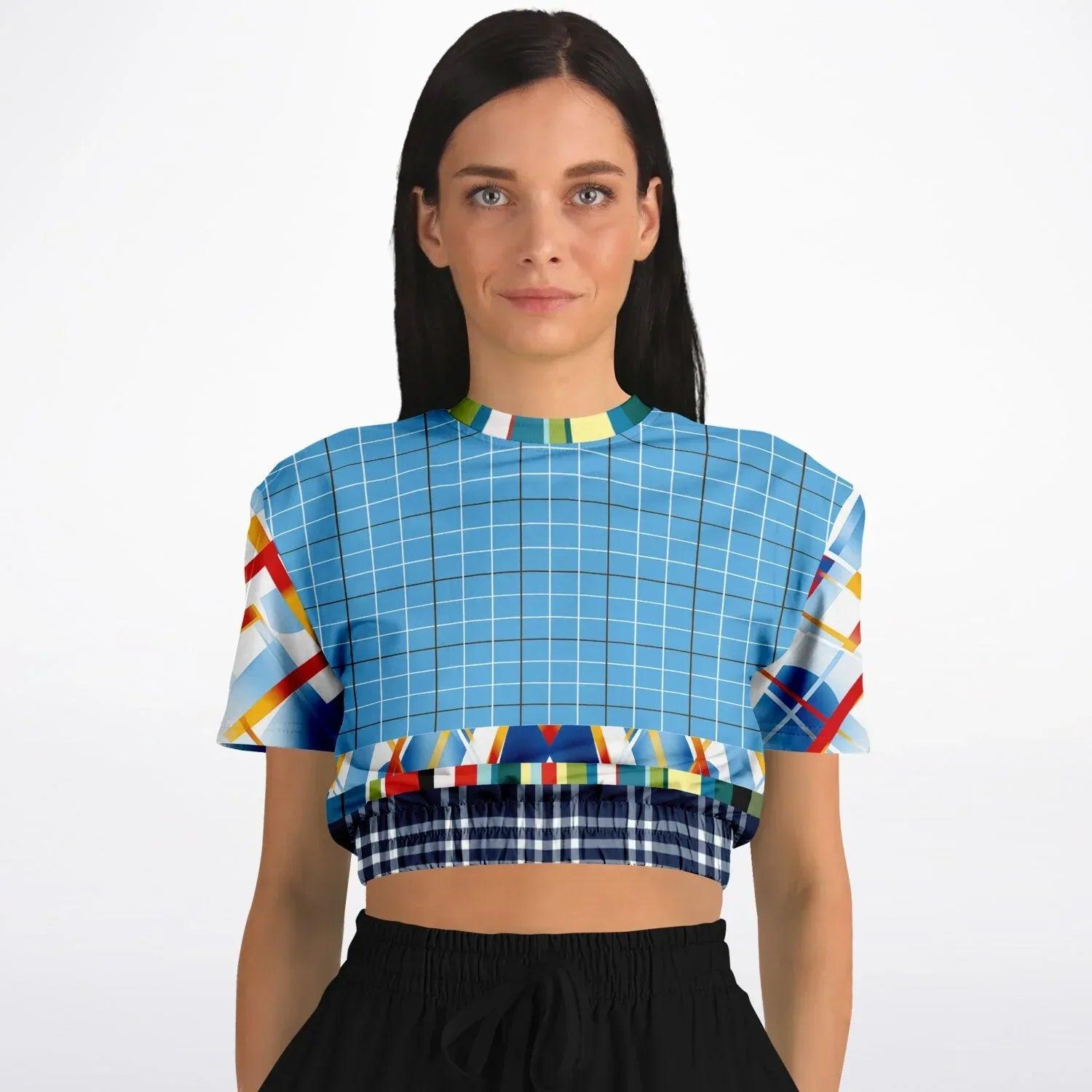 Liberty Blue Windowpane Plaid Eco-Poly Short Sleeve Cropped Sweater