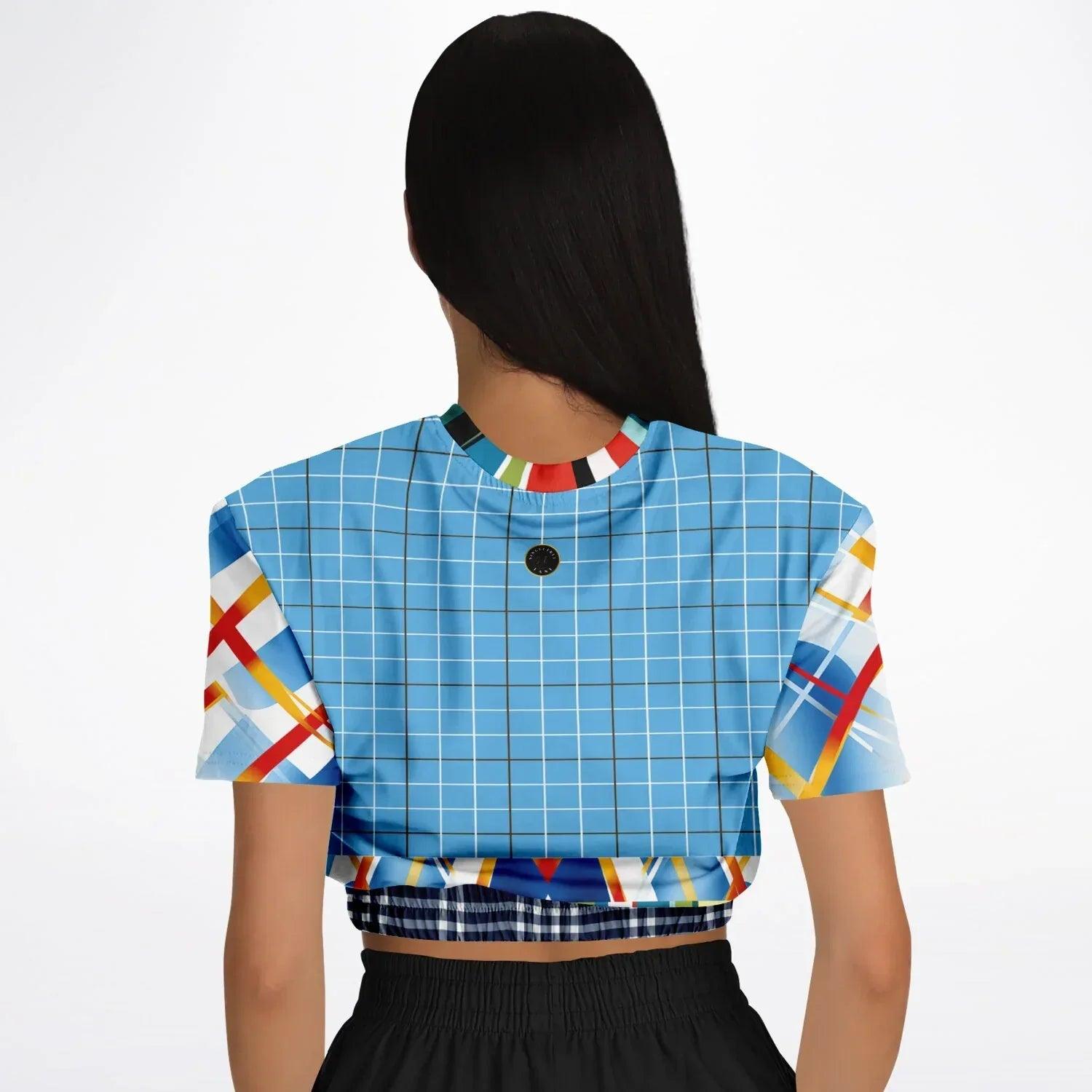 Liberty Blue Windowpane Plaid Eco-Poly Short Sleeve Cropped Sweater