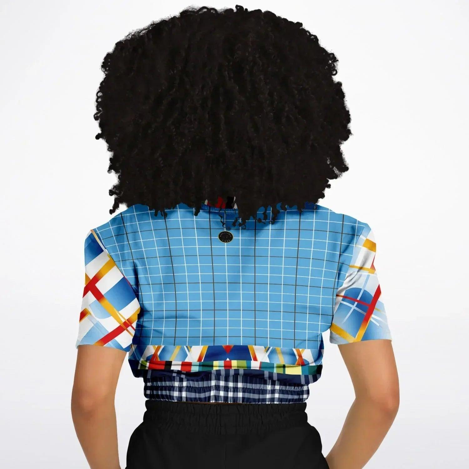 Liberty Blue Windowpane Plaid Eco-Poly Short Sleeve Cropped Sweater