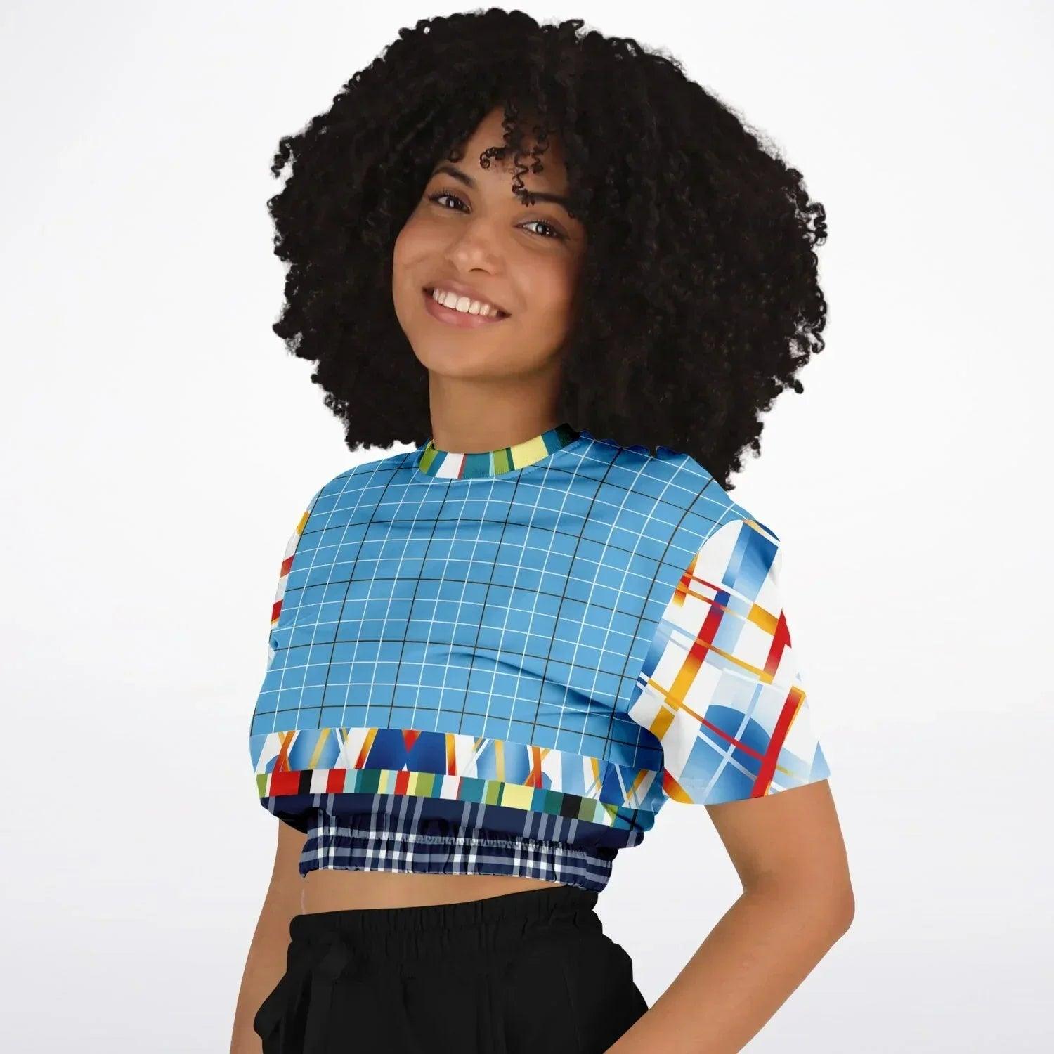 Liberty Blue Windowpane Plaid Eco-Poly Short Sleeve Cropped Sweater