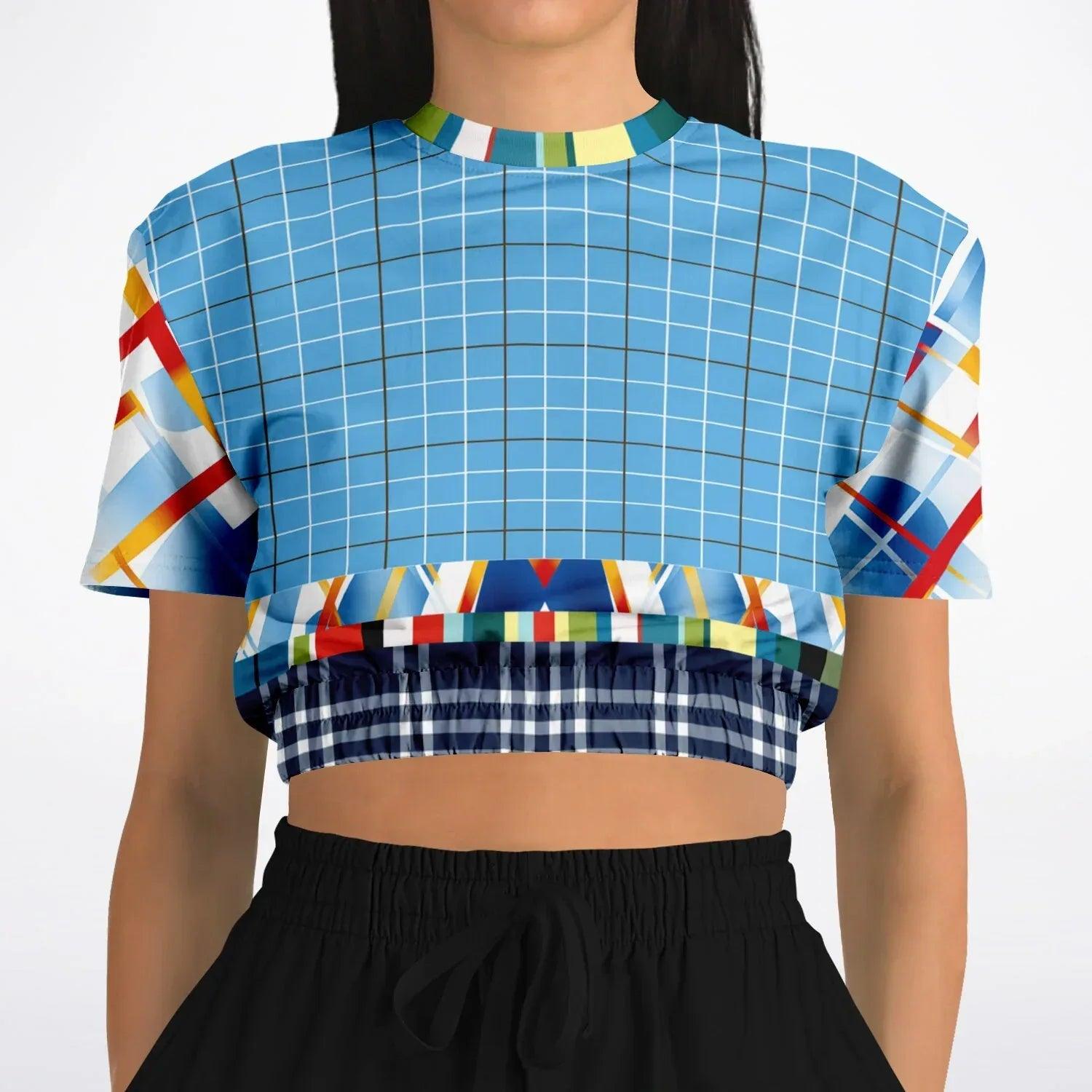 Liberty Blue Windowpane Plaid Eco-Poly Short Sleeve Cropped Sweater