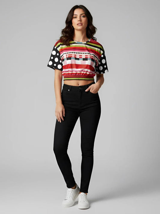 Life in Matchbook Plaid and Stripes Eco-Poly Short Sleeve Cropped Pullover