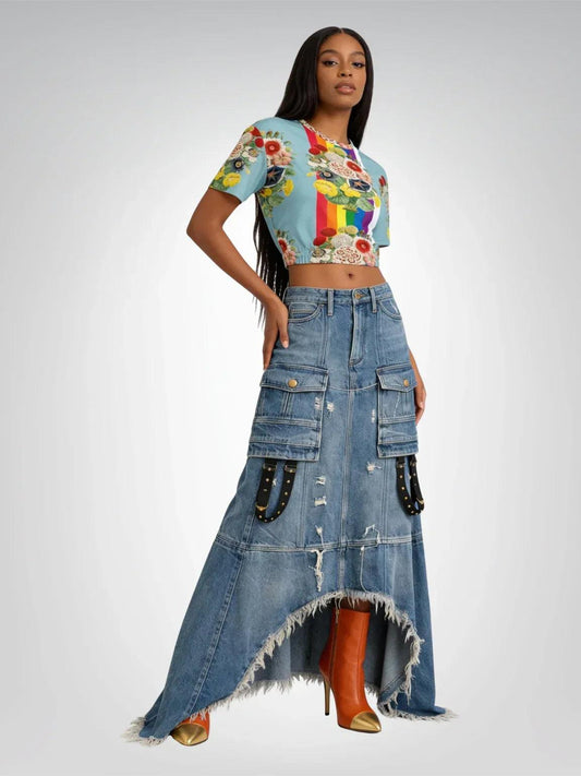 Life in Technicolor Rainbow Stripe Eco-Poly Short Sleeve Cropped Pullover