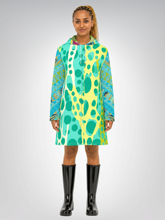 Lime Bubble Lagoon Mosaic Womens Hooded Rain Jacket