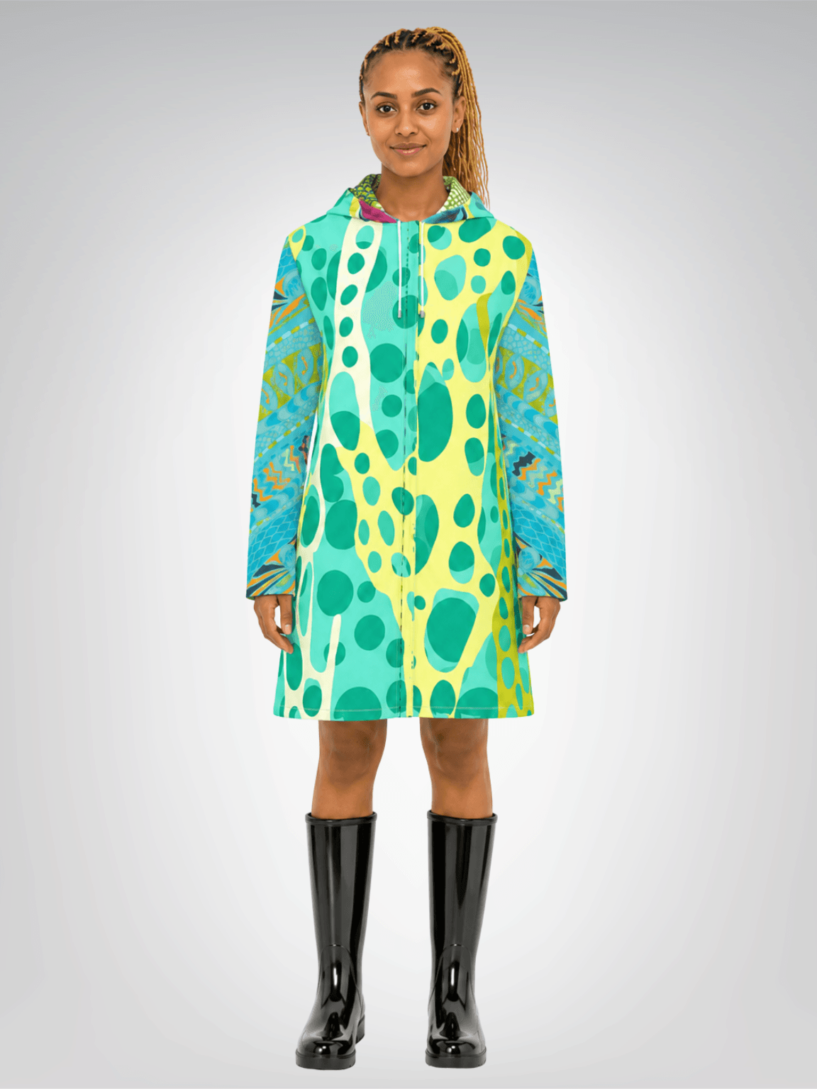 Lime Bubble Lagoon Mosaic Womens Hooded Rain Jacket