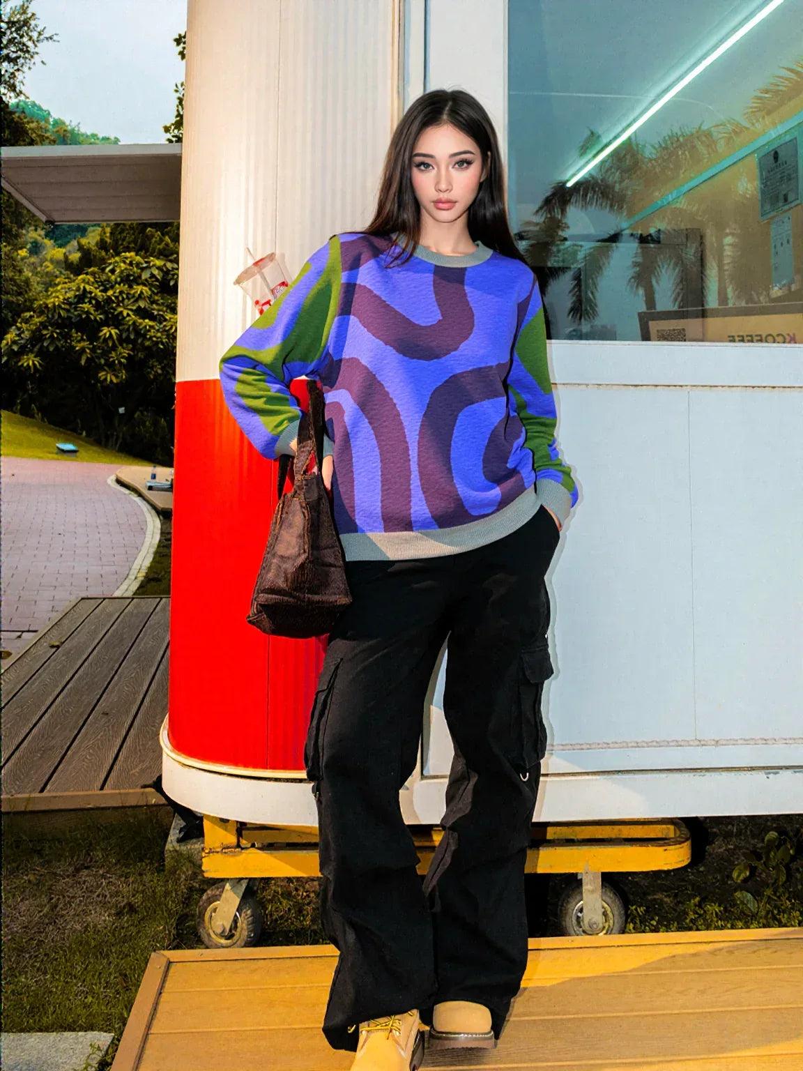 Lost in the Maze in Purple Knitted Crewneck Sweater