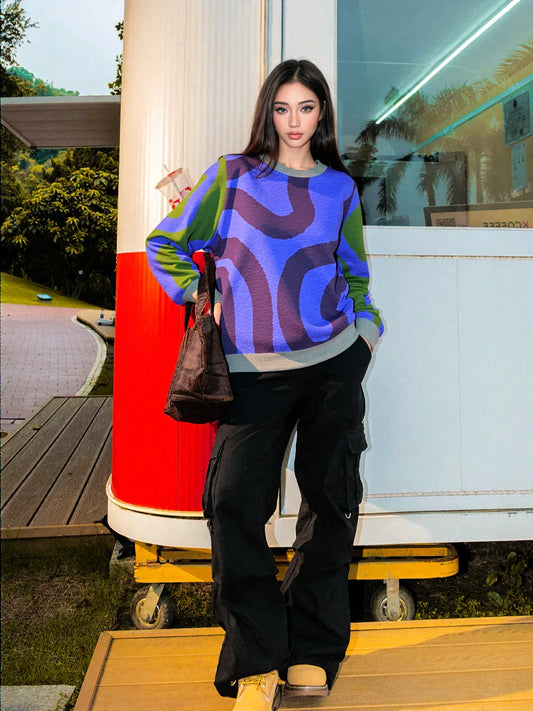 Lost in the Maze in Purple Knitted Crewneck Sweater