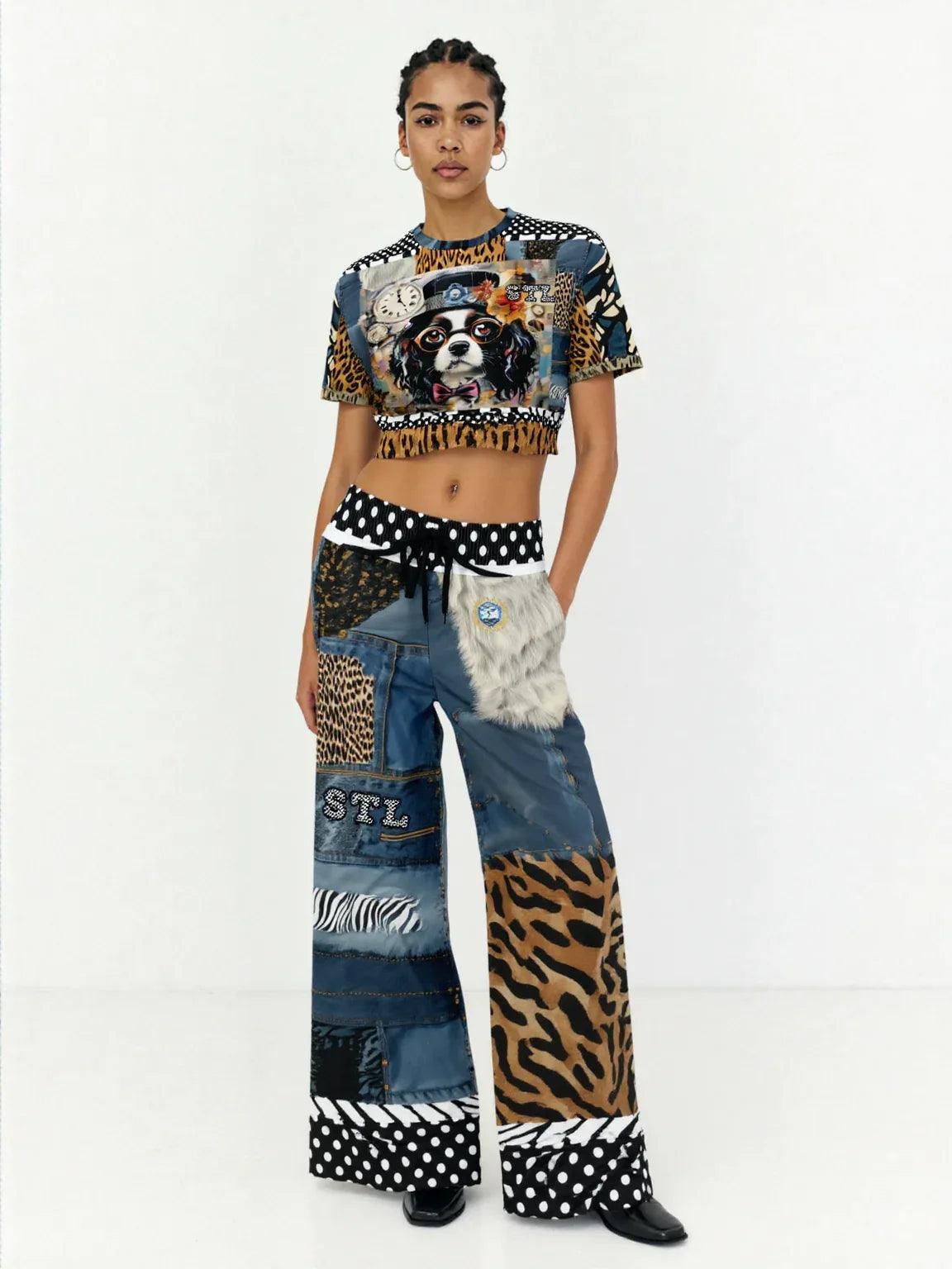 Curly Magoo Wild Denim Patchwork Eco-Poly Short Sleeve Cropped Pullover