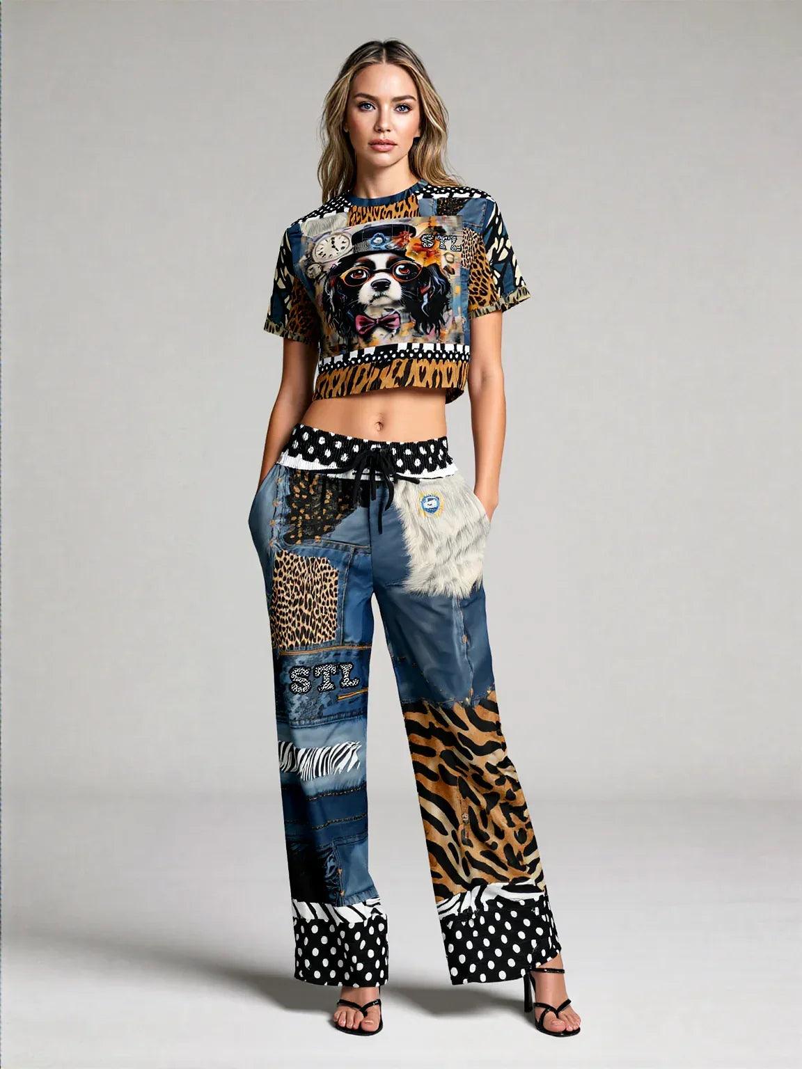 Curly Magoo Wild Denim Patchwork Eco-Poly Short Sleeve Cropped Pullover