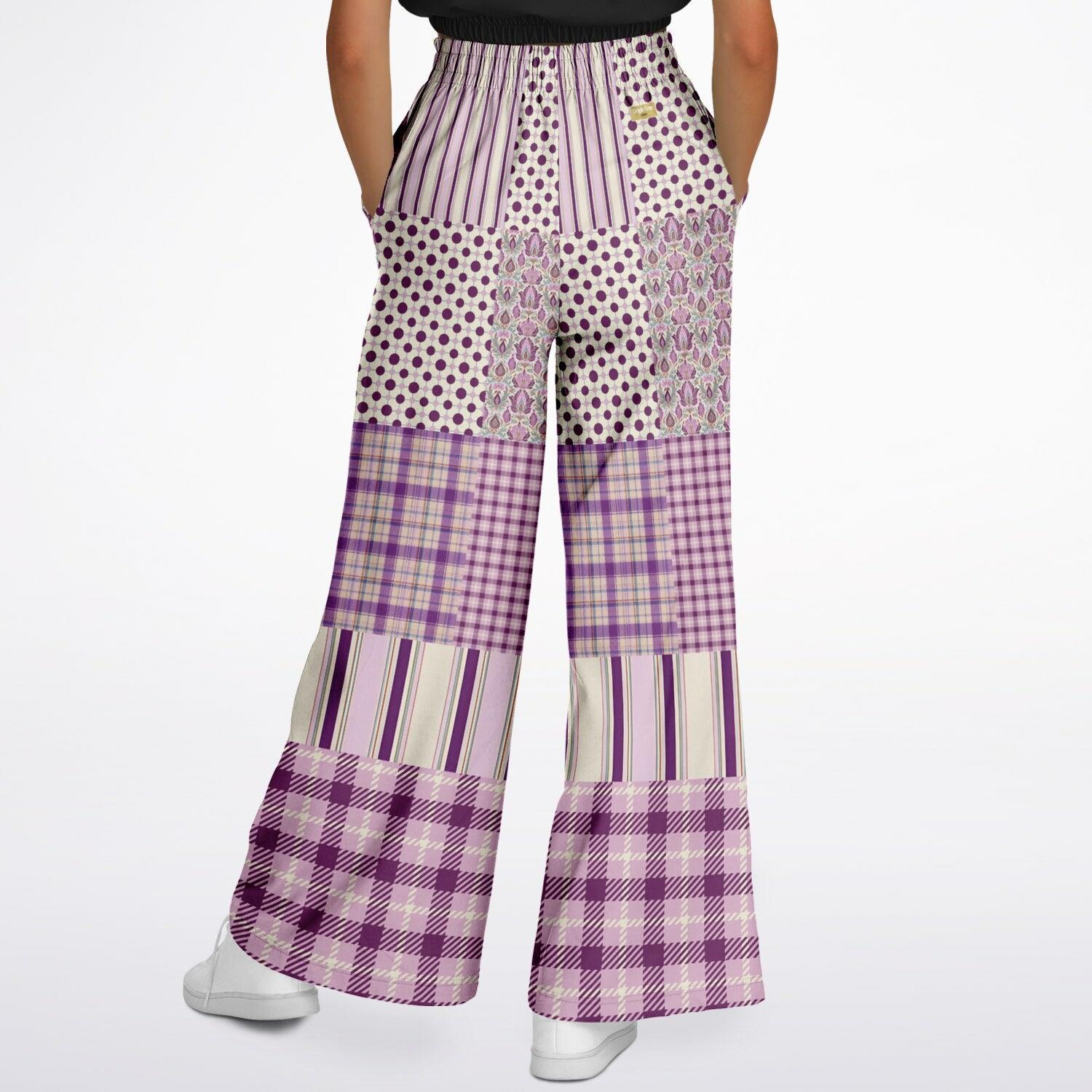 Maharani Bloom in Purple and Pink Patchwork Eco-Poly Wide Leg Pants