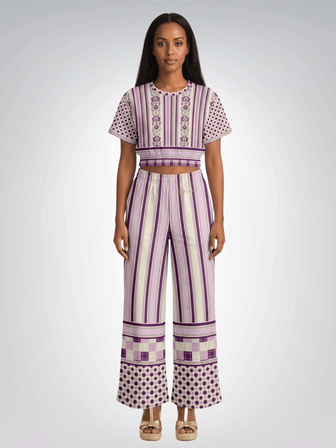 Maharani Bloom in Purple and Pink Stripe Floral Eco-Poly Short Sleeve Cropped Pullover