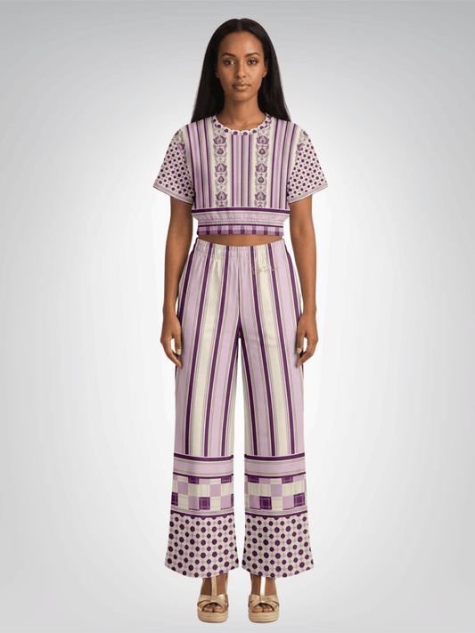 Maharani Bloom in Purple and Pink Stripe Floral Eco-Poly Short Sleeve Cropped Pullover