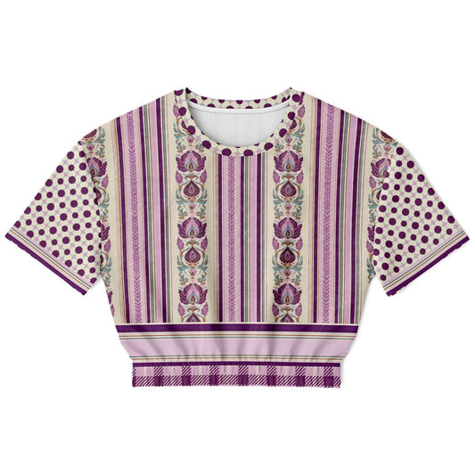 Maharani Bloom in Purple and Pink Stripe Floral Eco-Poly Short Sleeve Cropped Pullover