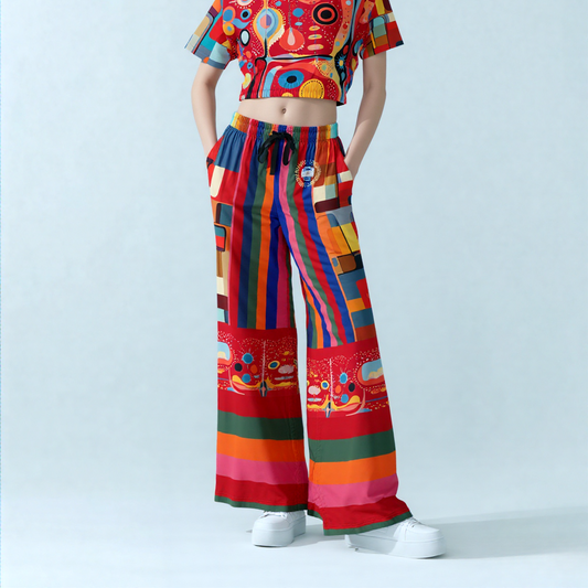 Mardi Gras in Brazil Abstract Geo Eco-Poly Wide Leg Pants