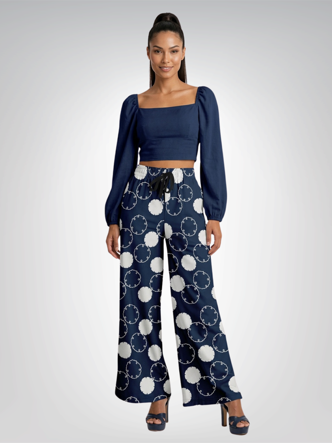 Maru Circle in Blue and Grey Geometric Eco-Poly Wide Leg Pants