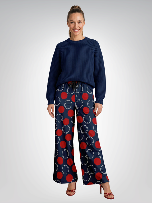 Maru Circle in Blue and Red Geometric Eco-Poly Wide Leg Pants