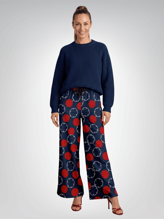 Maru Circle in Blue and Red Geometric Eco-Poly Wide Leg Pants
