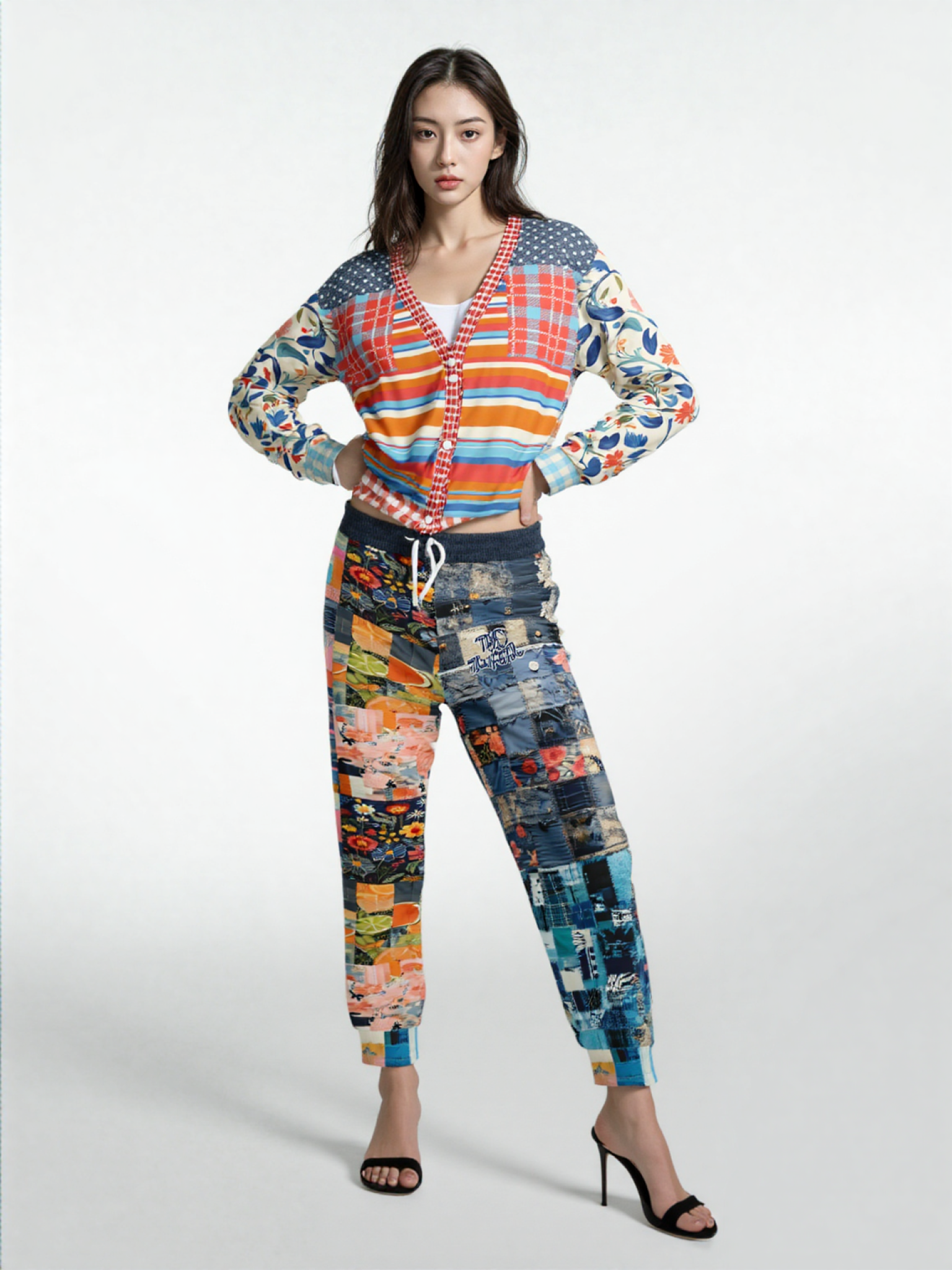 Devine Feminine Denim Patchwork Print Eco-Poly Unisex Joggers
