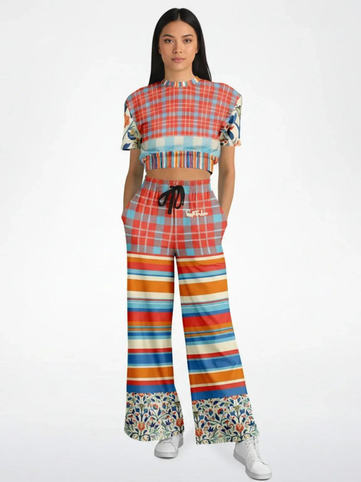Meet Me in Andalusia Floral Plaid Eco-Poly Short Sleeve Cropped Pullover