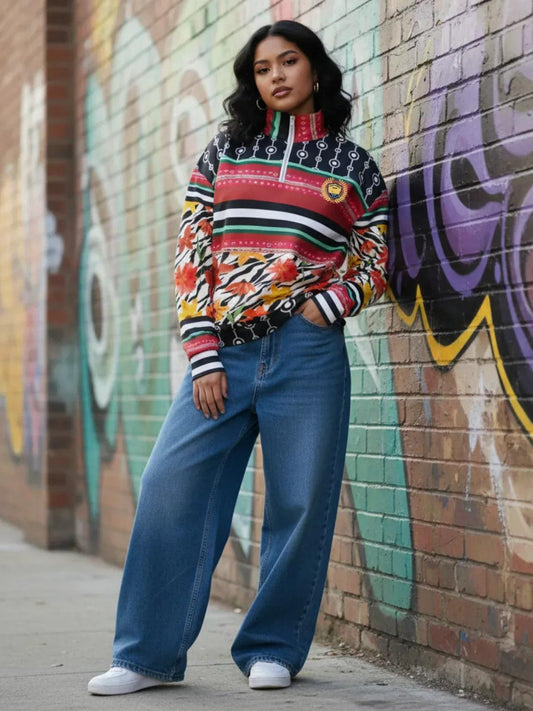 Meet Me in Tangiers in Striped Floral Heavyweight Oversized Quarter Zip Sweatshirt