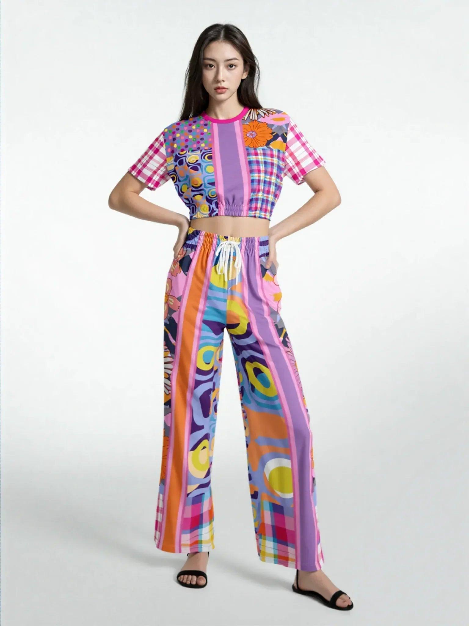 Mercury Retrograde Patchwork Print Eco-Poly Short Sleeve Cropped Pullover
