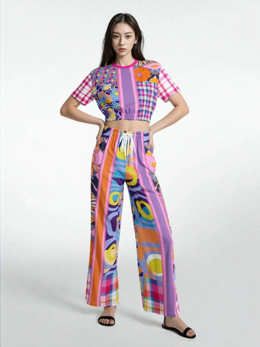 Mercury Retrograde Patchwork Print Eco-Poly Short Sleeve Cropped Pullover