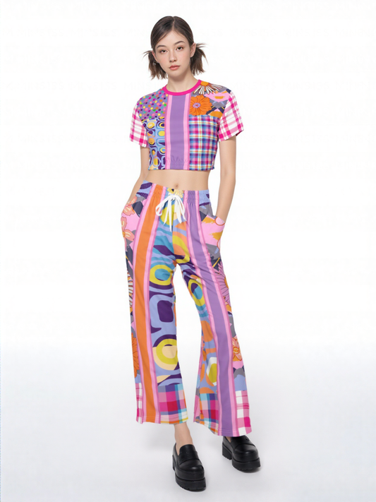 Mercury Retrograde Patchwork Print Eco-Poly Short Sleeve Cropped Pullover