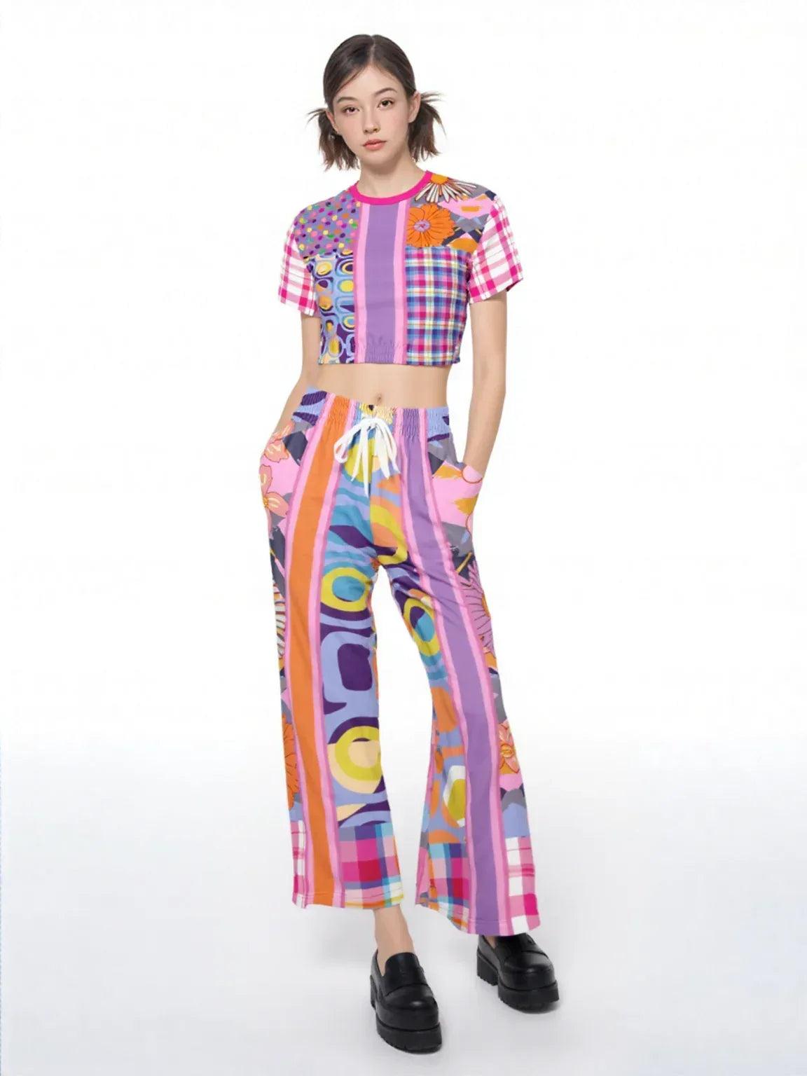 Mercury Retrograde Patchwork Print Eco-Poly Short Sleeve Cropped Pullover
