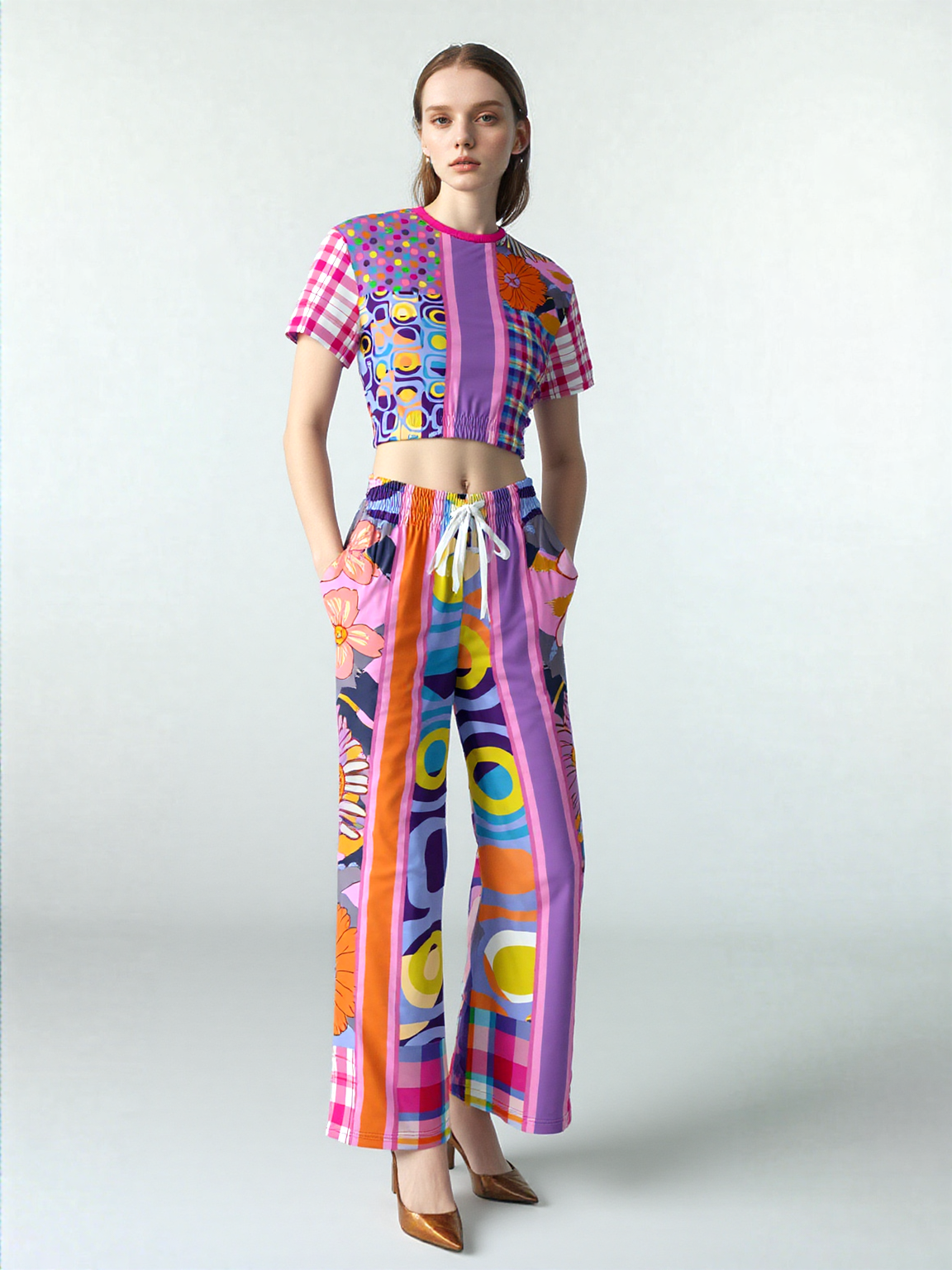 Mercury Retrograde Floral Plaid Eco-Poly Wide Leg Pants