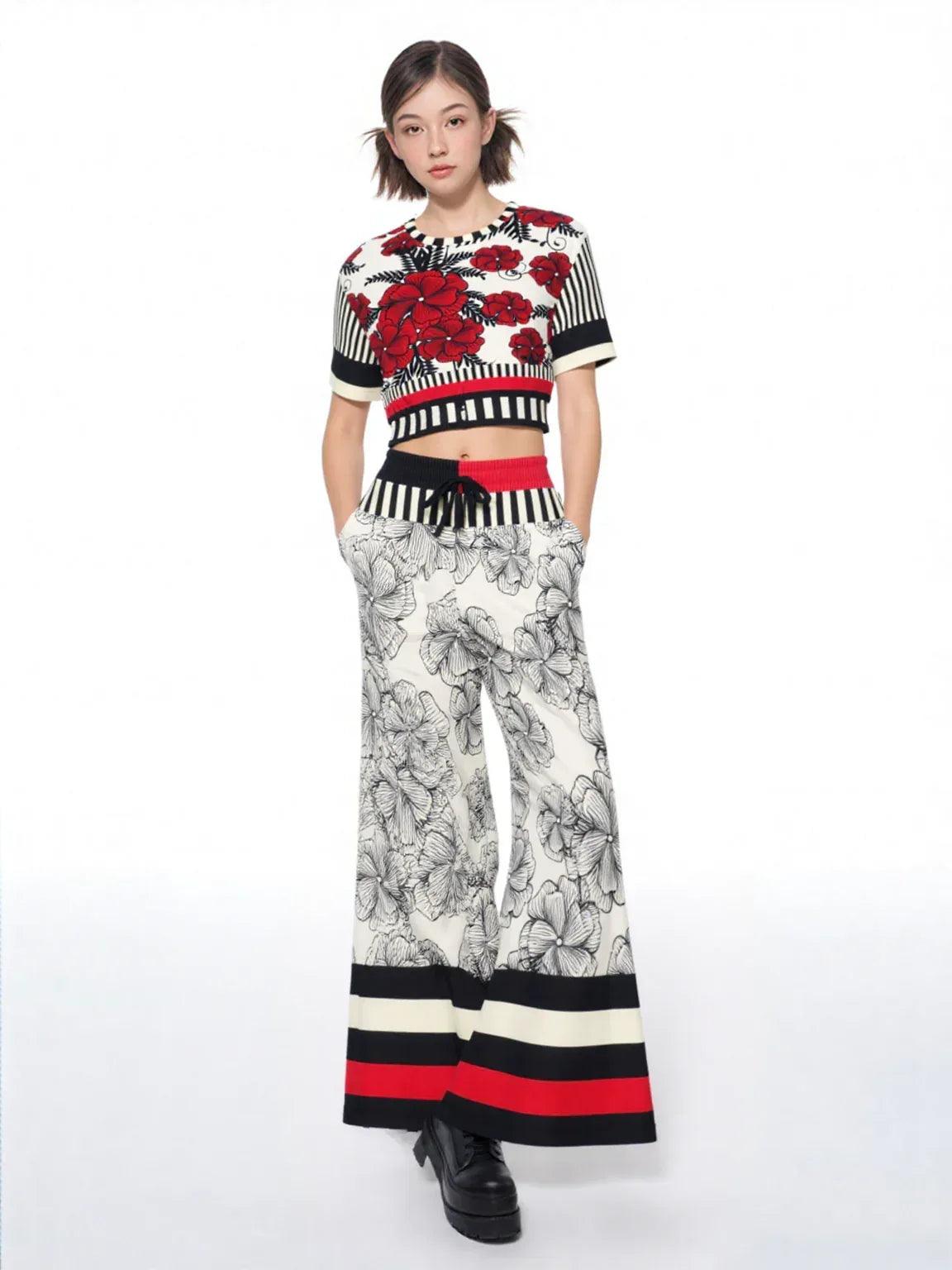 Moonlight in Twilight Floral Stripe Eco-Poly Wide Leg Pants