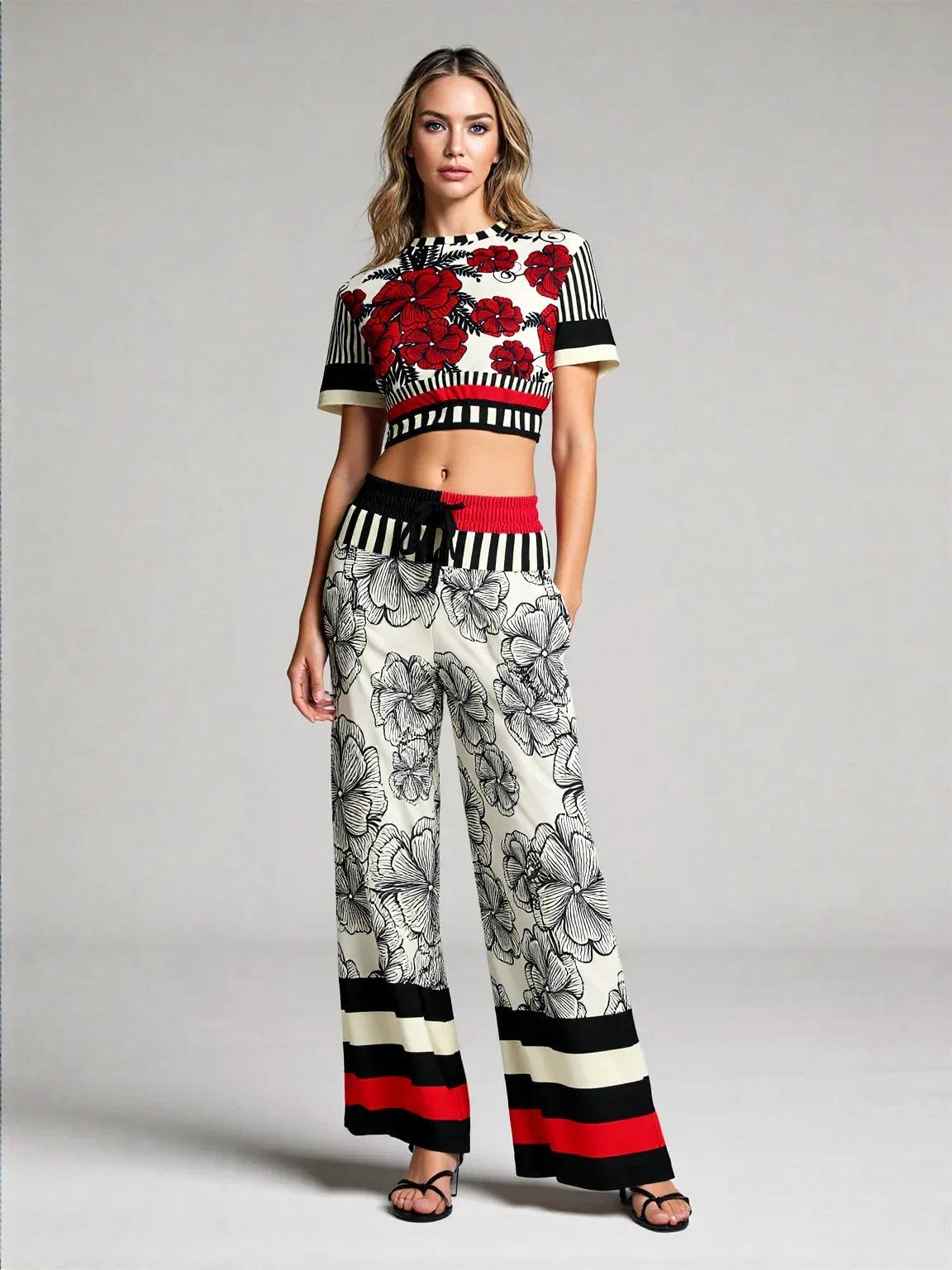Moonlight in Twilight Floral Stripe Eco-Poly Wide Leg Pants