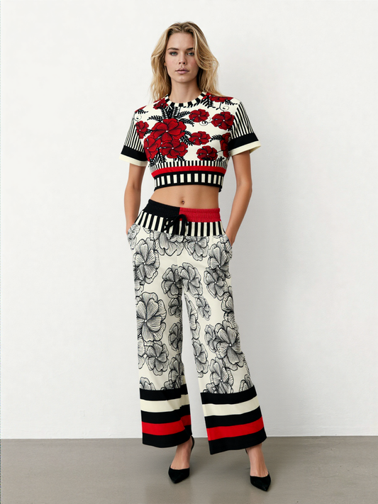 Moonlight in Twilight Floral Stripe Eco-Poly Wide Leg Pants