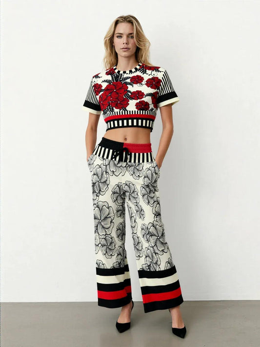 Moonlight in Twilight Floral Stripe Eco-Poly Wide Leg Pants