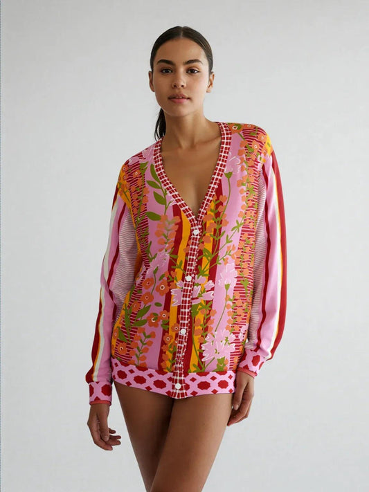 My Dream in Red Stripe Floral Heavyweight Unisex Cardigan
