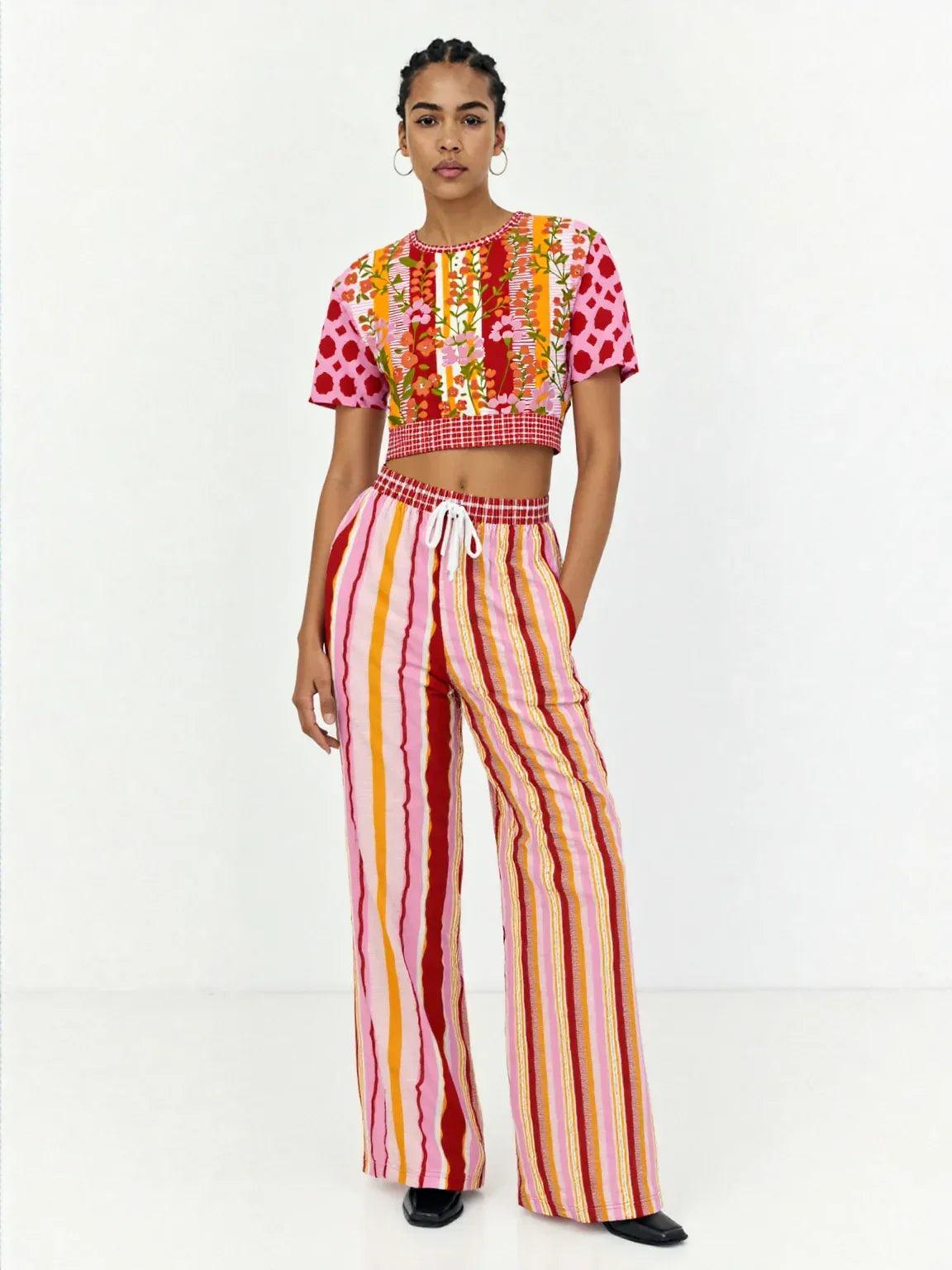 My Dream in Red Stripe Floral Eco-Poly Short Sleeve Cropped Pullover